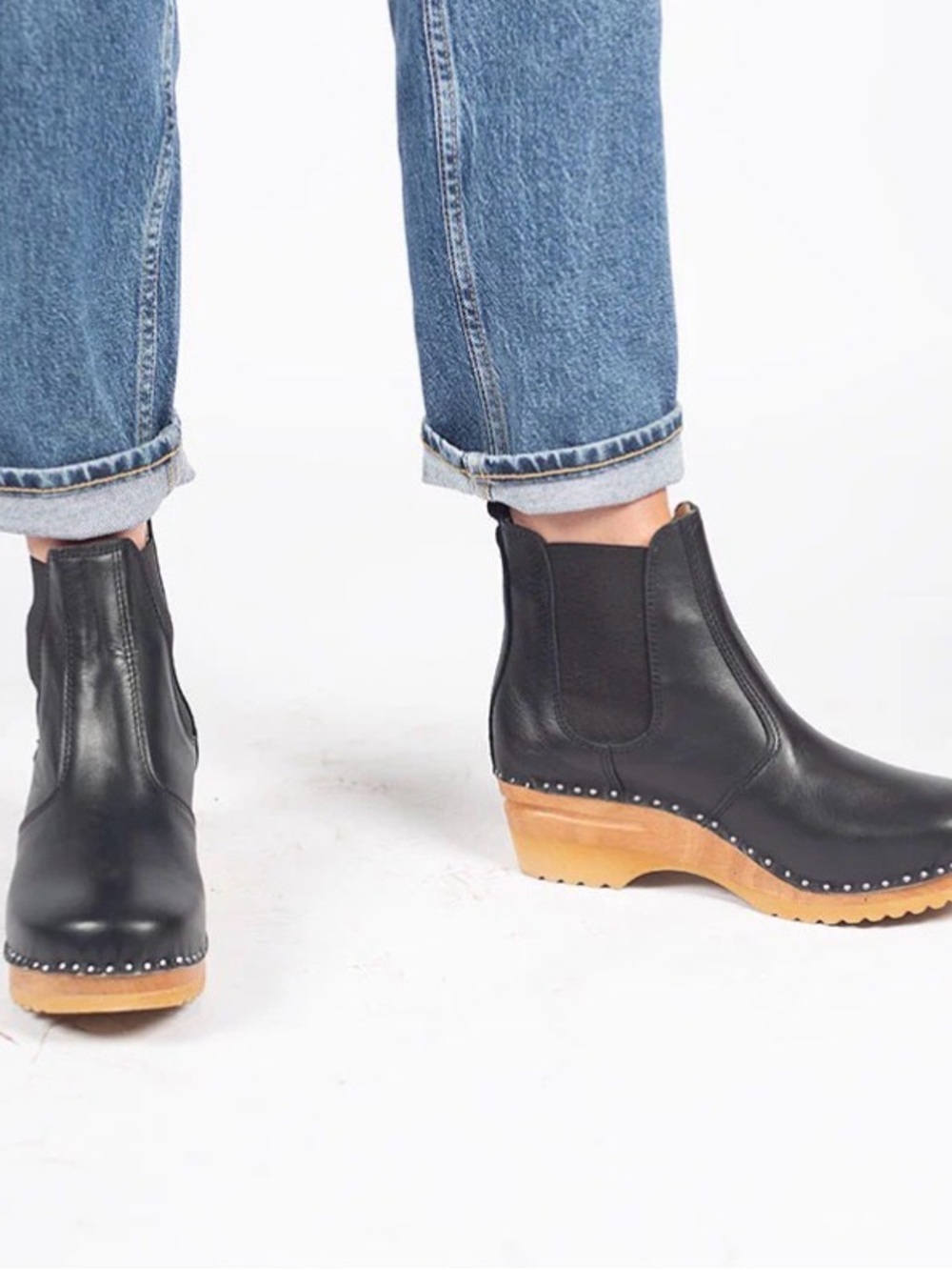 Black Leather Clog Ankle Boots with Wood-Look Sole